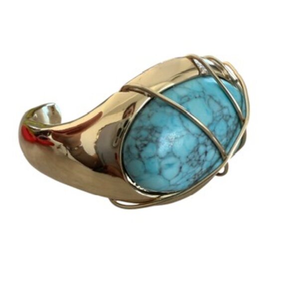 NWT Robert Lee Morris Soho Turquoise Stone Cuff Bracelet Gold Tone Wire - Picture 10 of 12